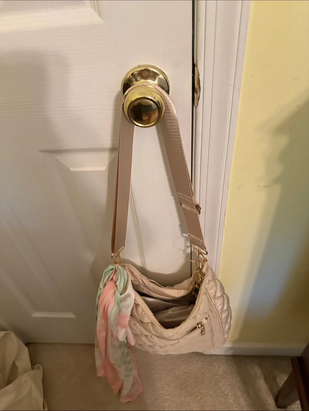Urbane Quilted Shoulder Bag in Light Beige with Pastel Scarf